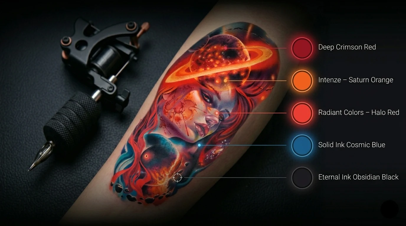 A color tattoo with the recommended inks identified for each color